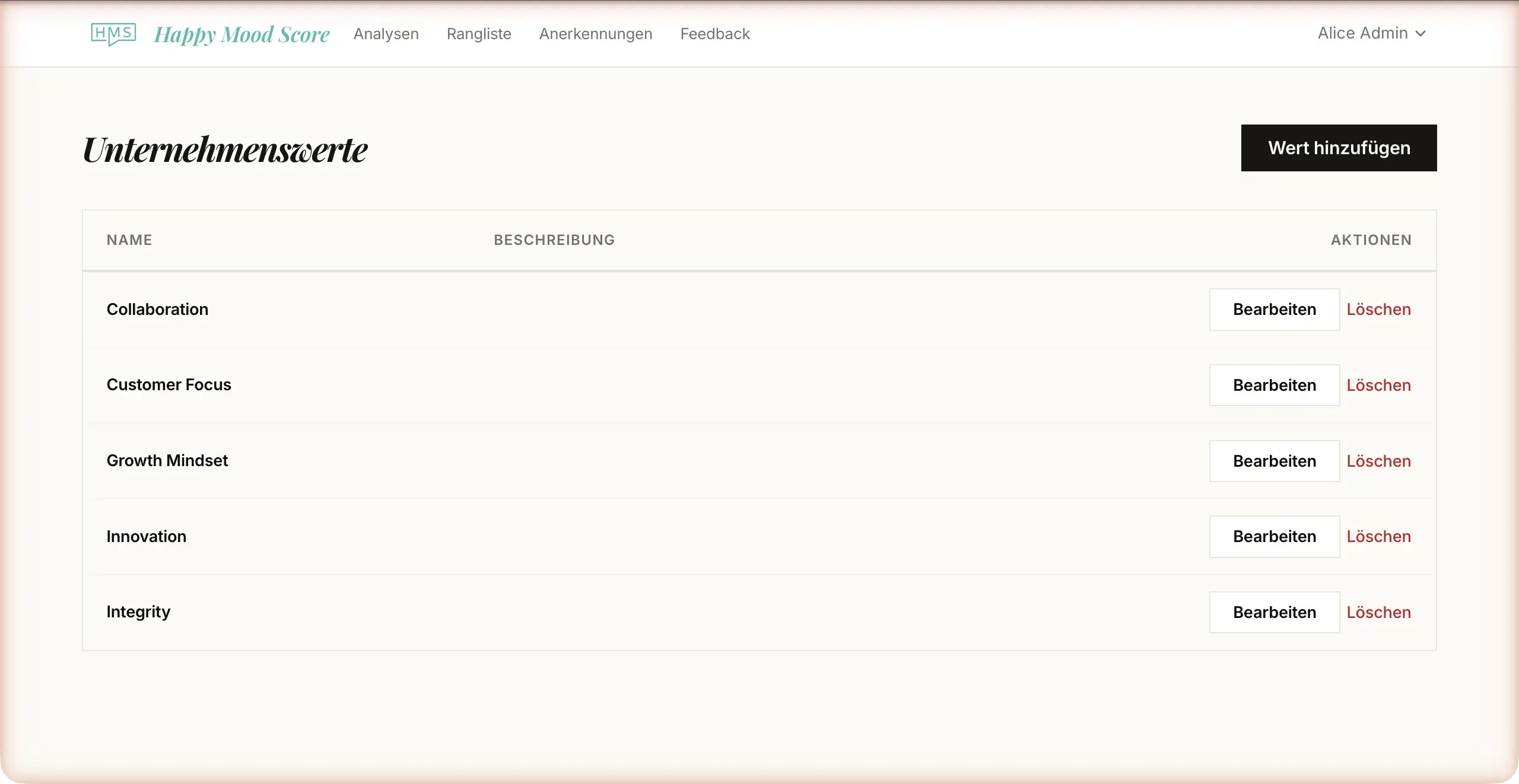 Unternehmenswerte-Seite mit Werten und Beschreibungen