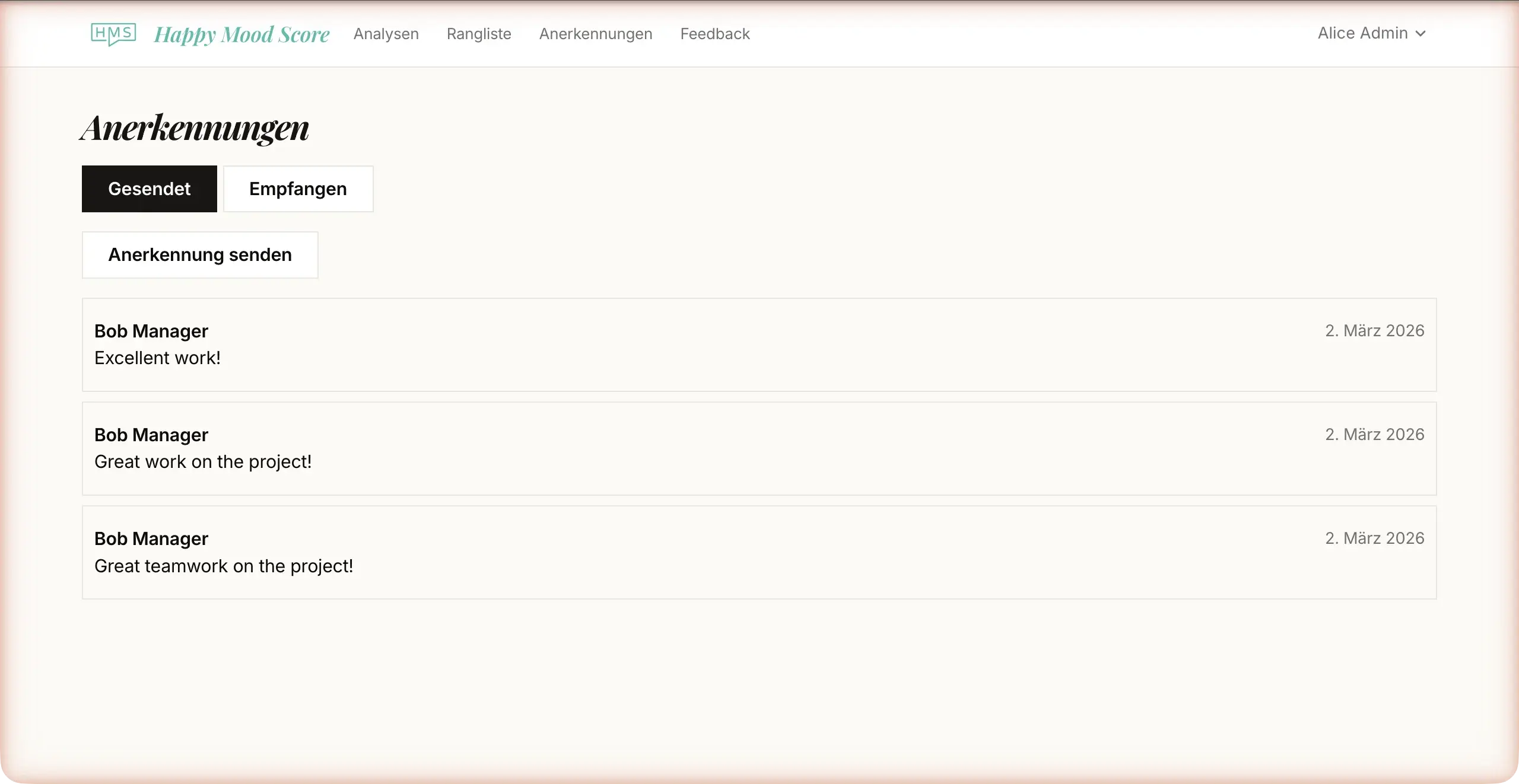 Anerkennungs-Feed mit Nachrichten zwischen Kollegen