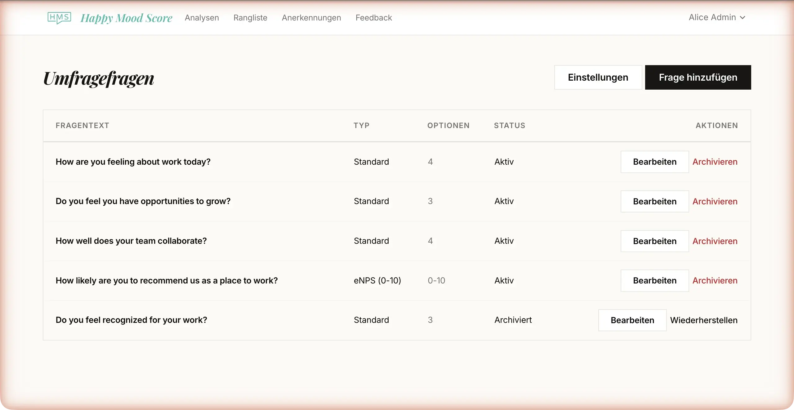 Fragenbaukasten mit Antwortoptionen