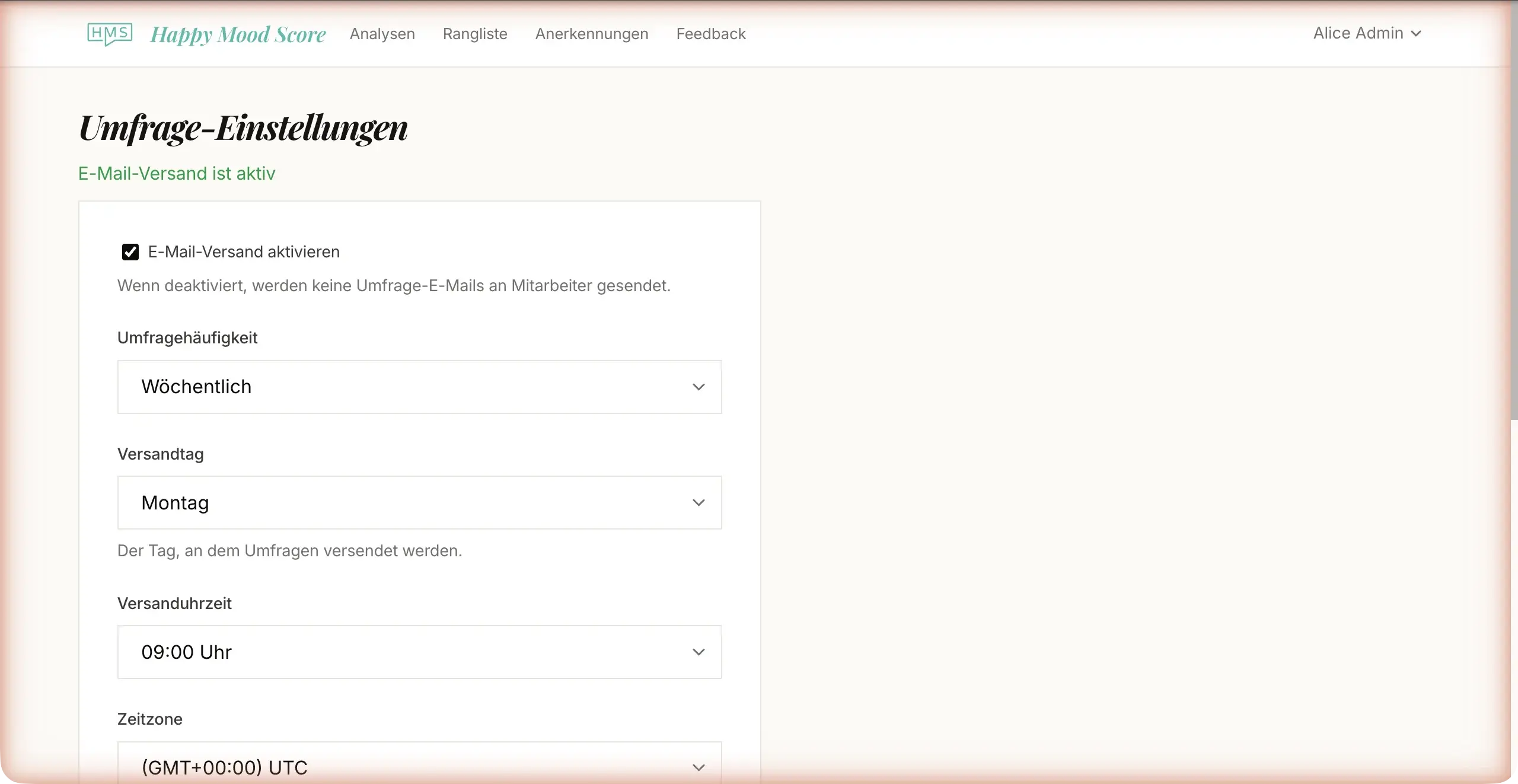Umfrage-Einstellungsseite mit Frequenz- und Planungsoptionen