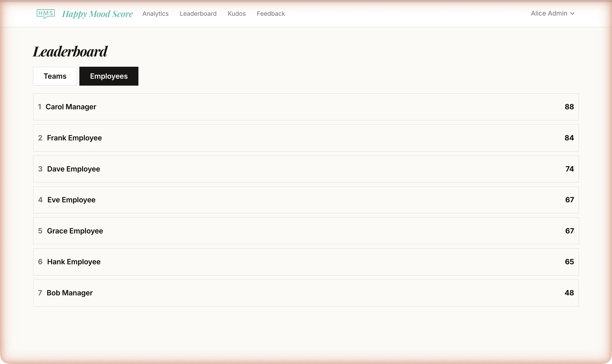 Employee directory with names, roles, and team assignments