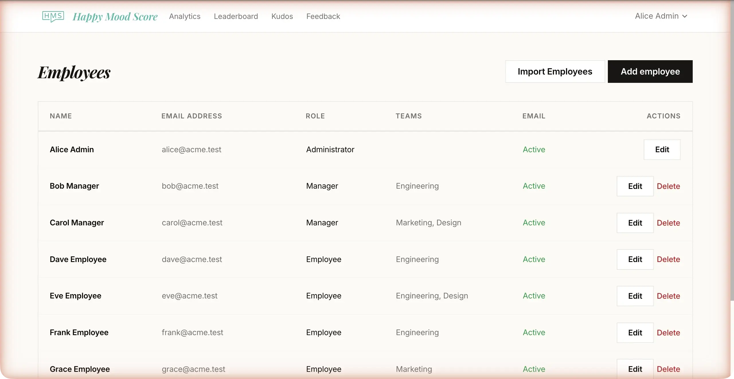 Employee directory with names, roles, and team assignments