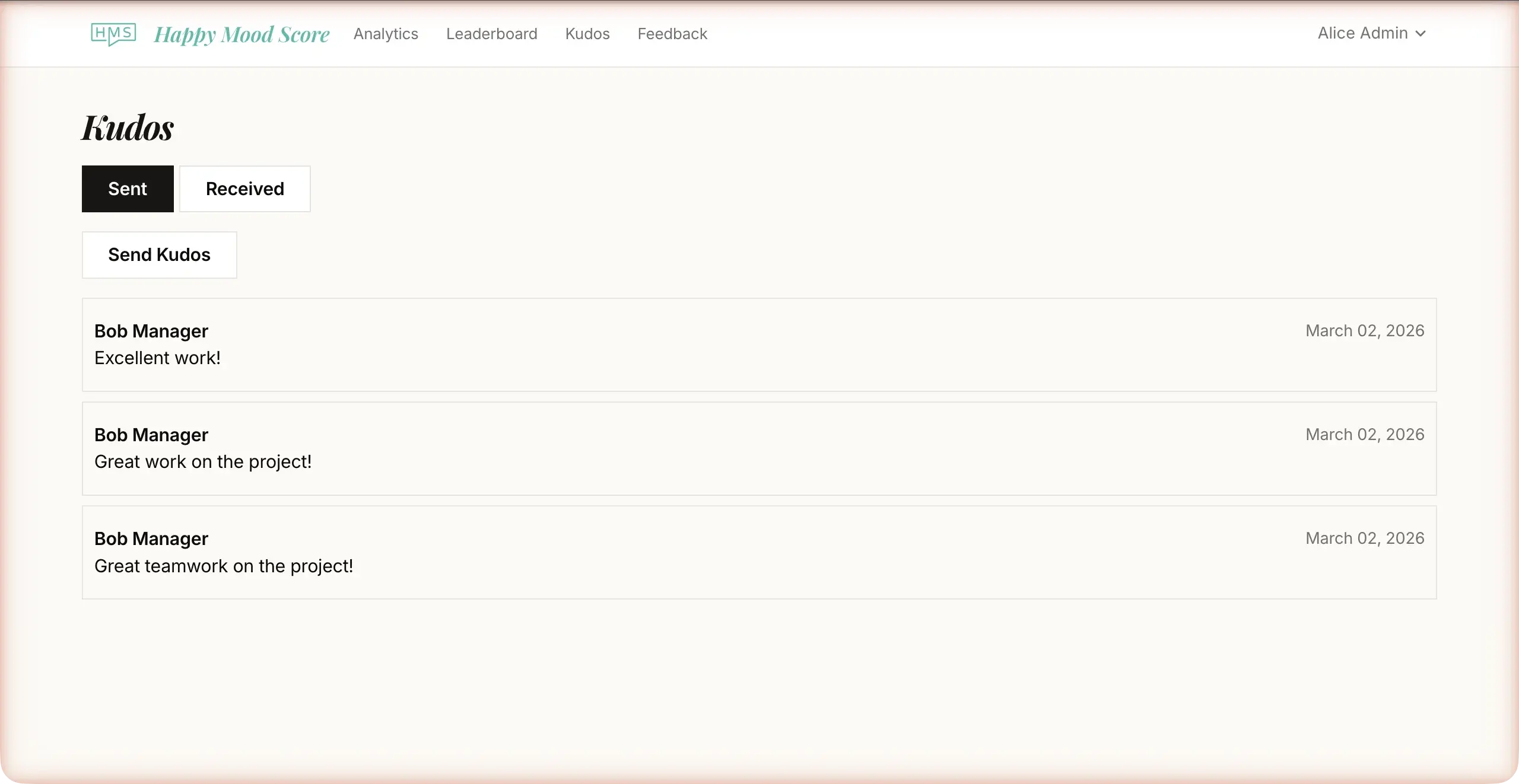 Kudos feed showing peer recognition messages