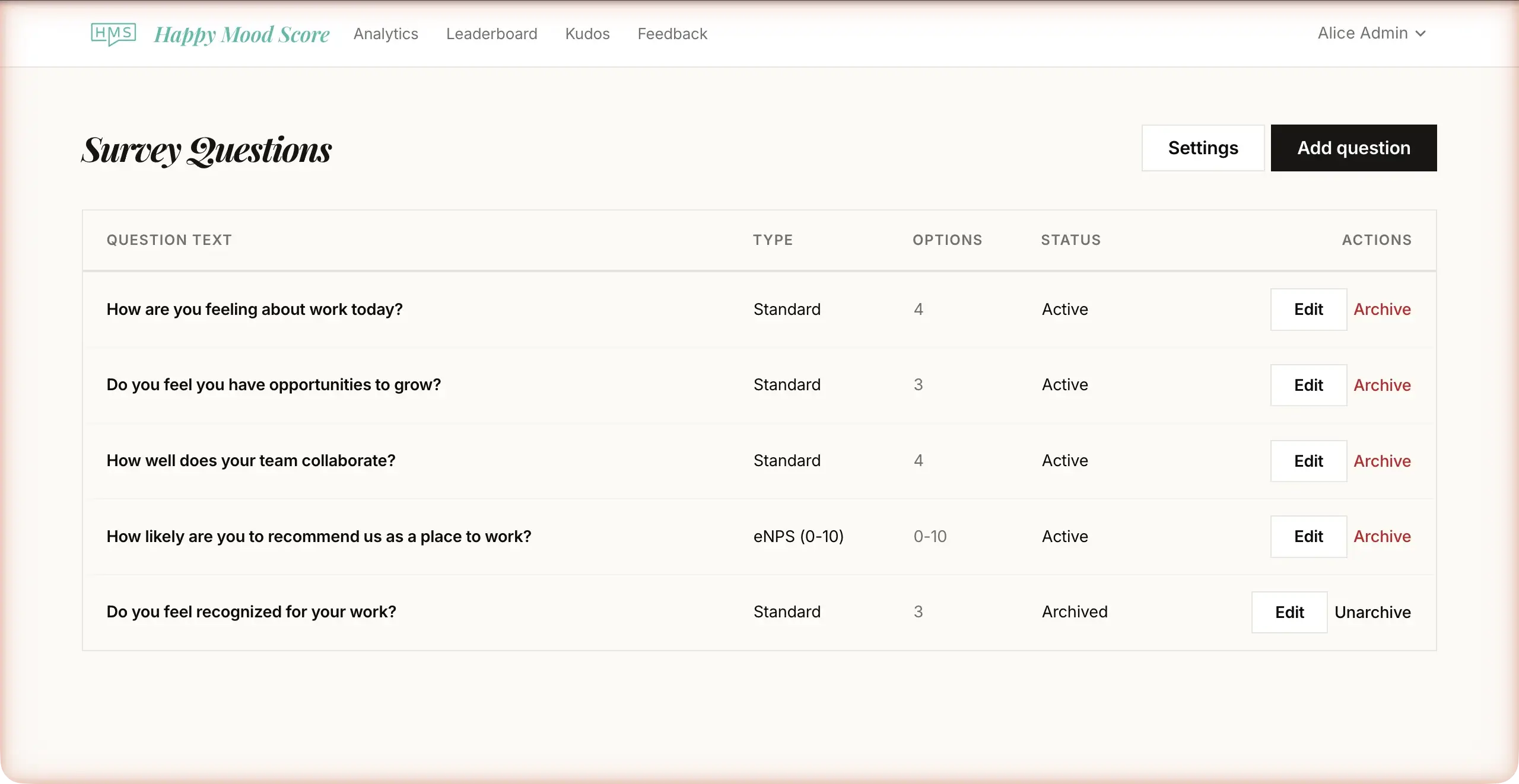 Survey question builder with answer options