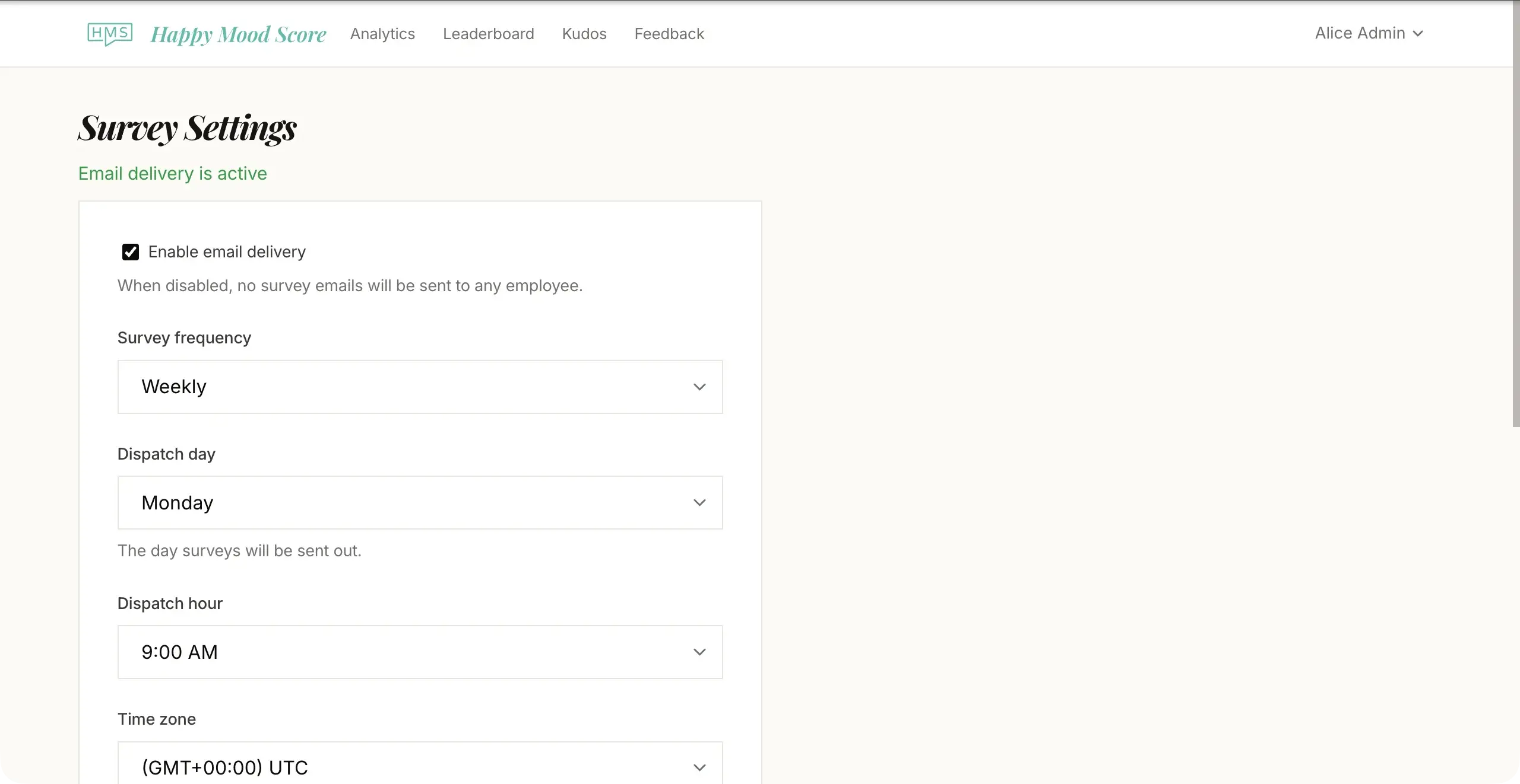 Survey settings page with frequency and scheduling options