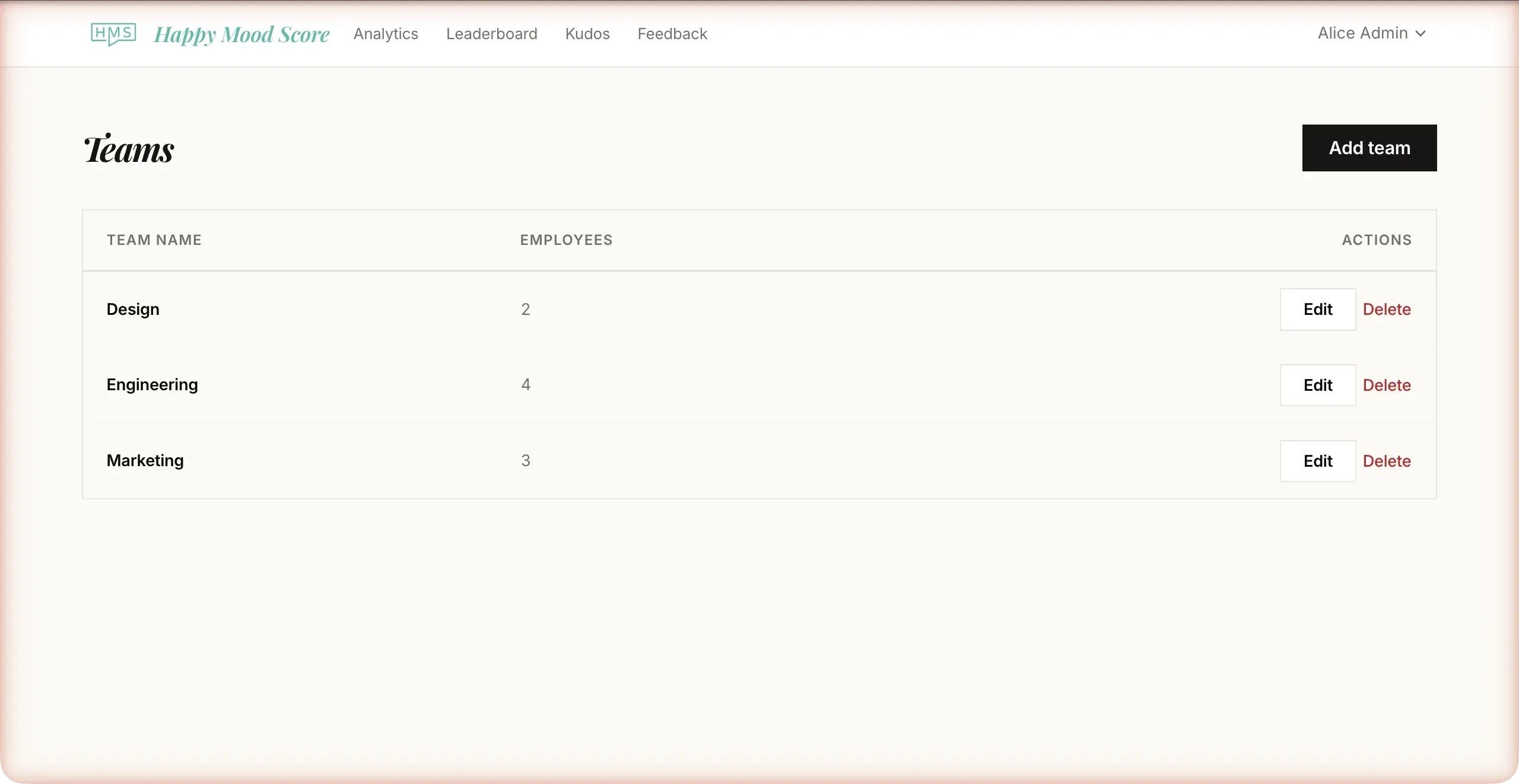 Team management page showing teams and their members