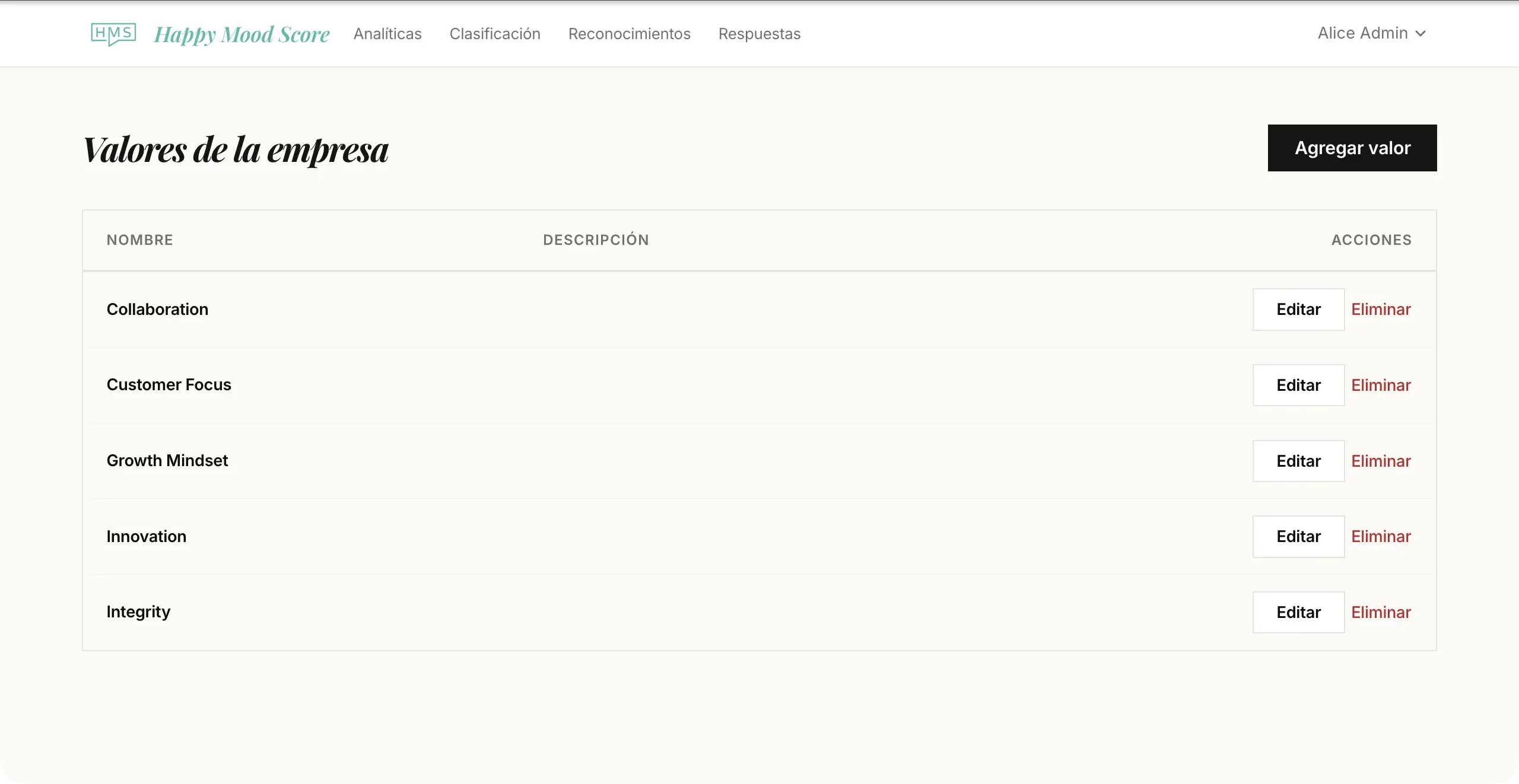 Página de valores de empresa mostrando valores y descripciones