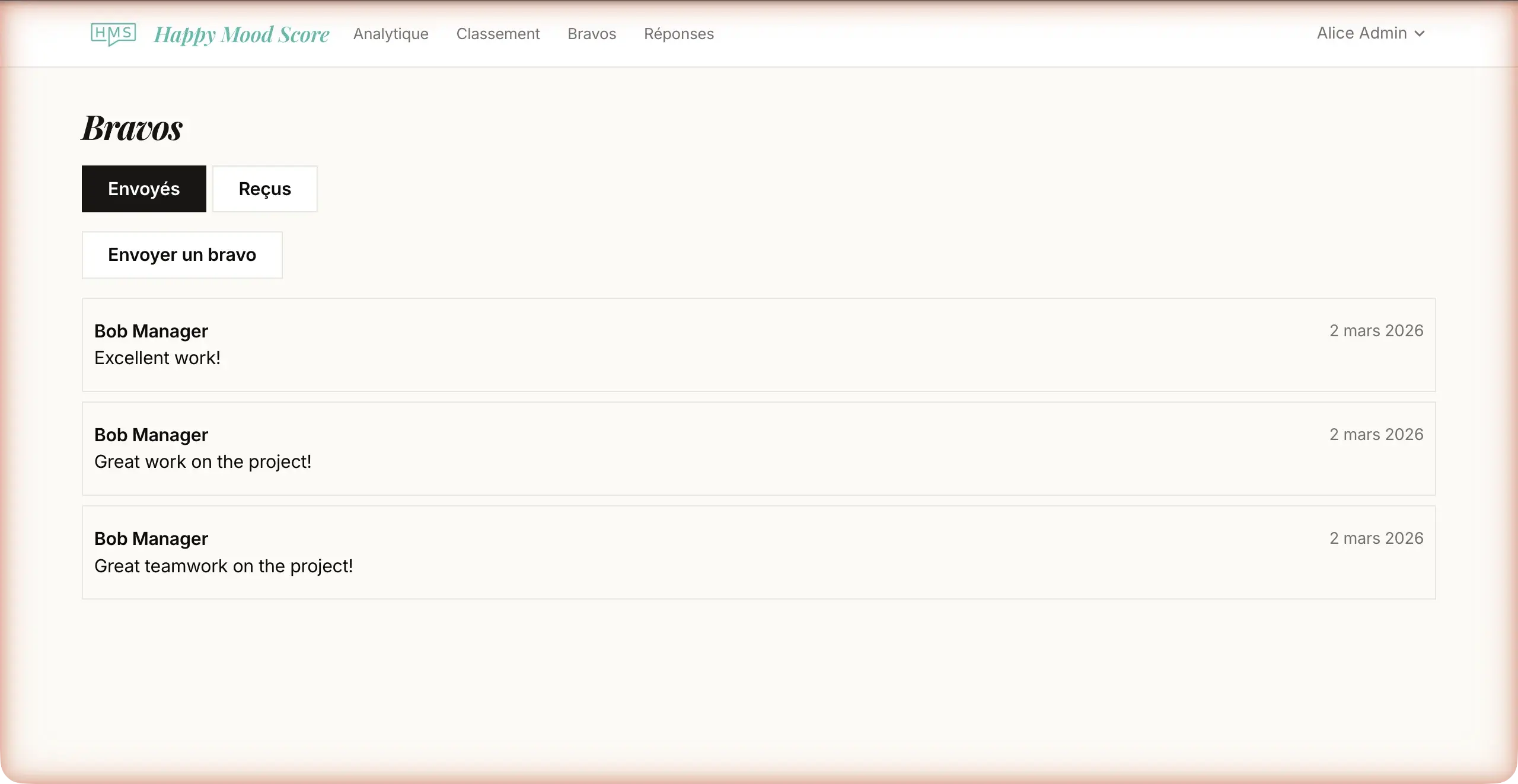 Fil de bravos montrant les messages de reconnaissance